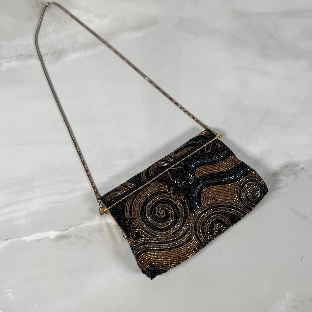 Ed B Robinson Intricately Beaded Evening Bag‎ Black Gold Metallic Art Deco Swirl